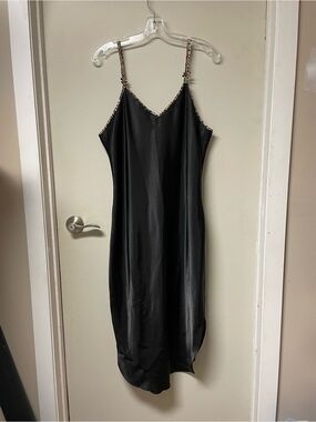 Black Satin Slip Dress with Leopard Trim